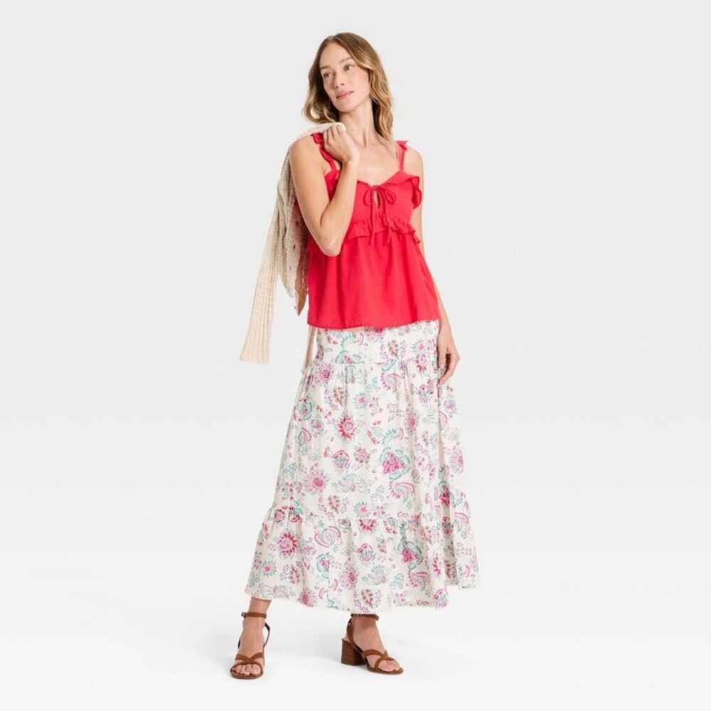 Women's Printed Maxi Tiered Full Skirt - Universal Thread Cream Plaid M - Picture 3 of 4